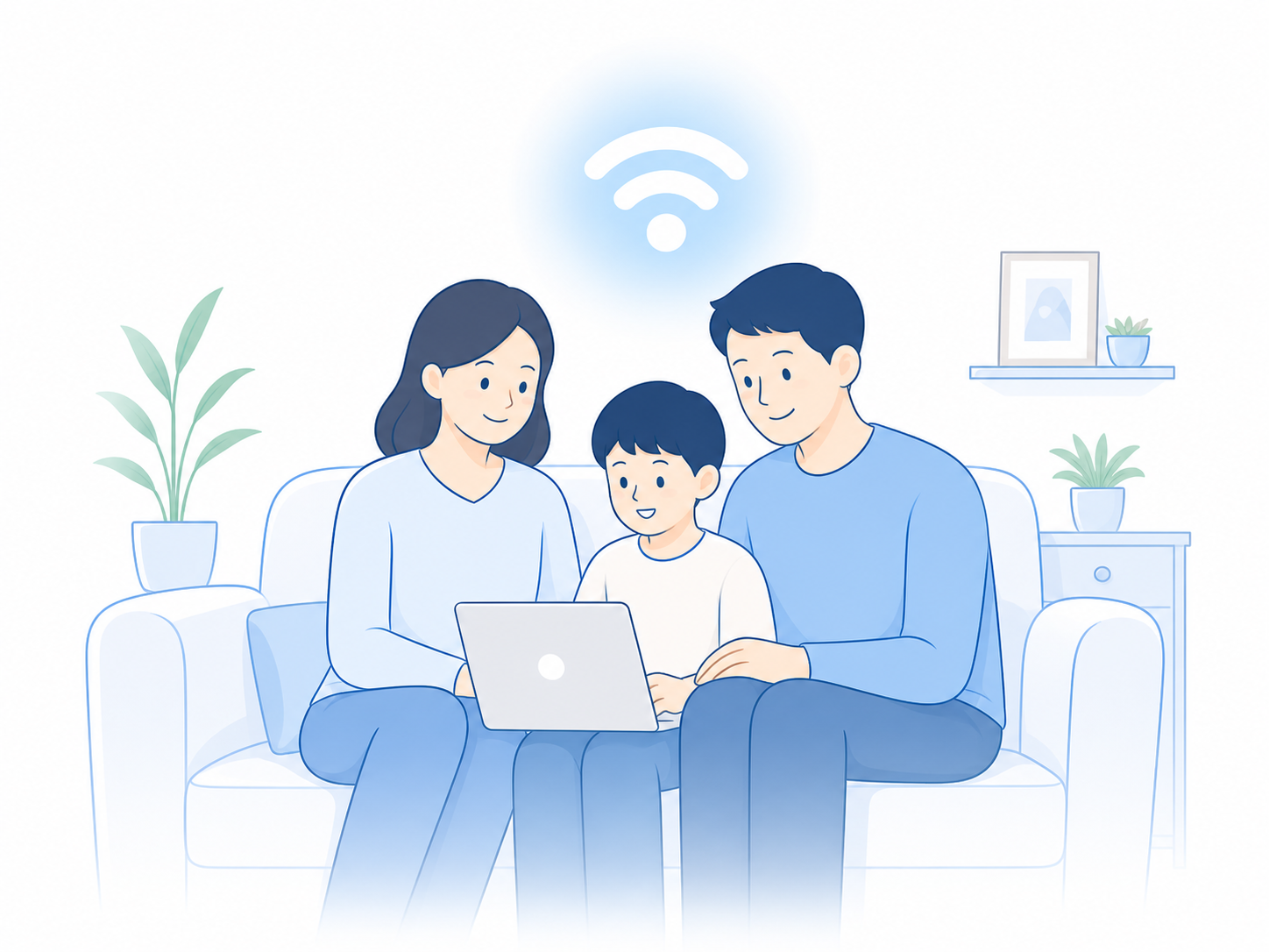家族で安心して通信サービスを利用しているイラスト